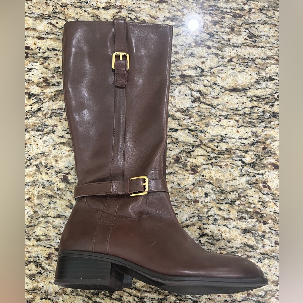 Womens Brown Leather Adjustable Strap Round Toe Side Zip Riding Boots Sz 7 B